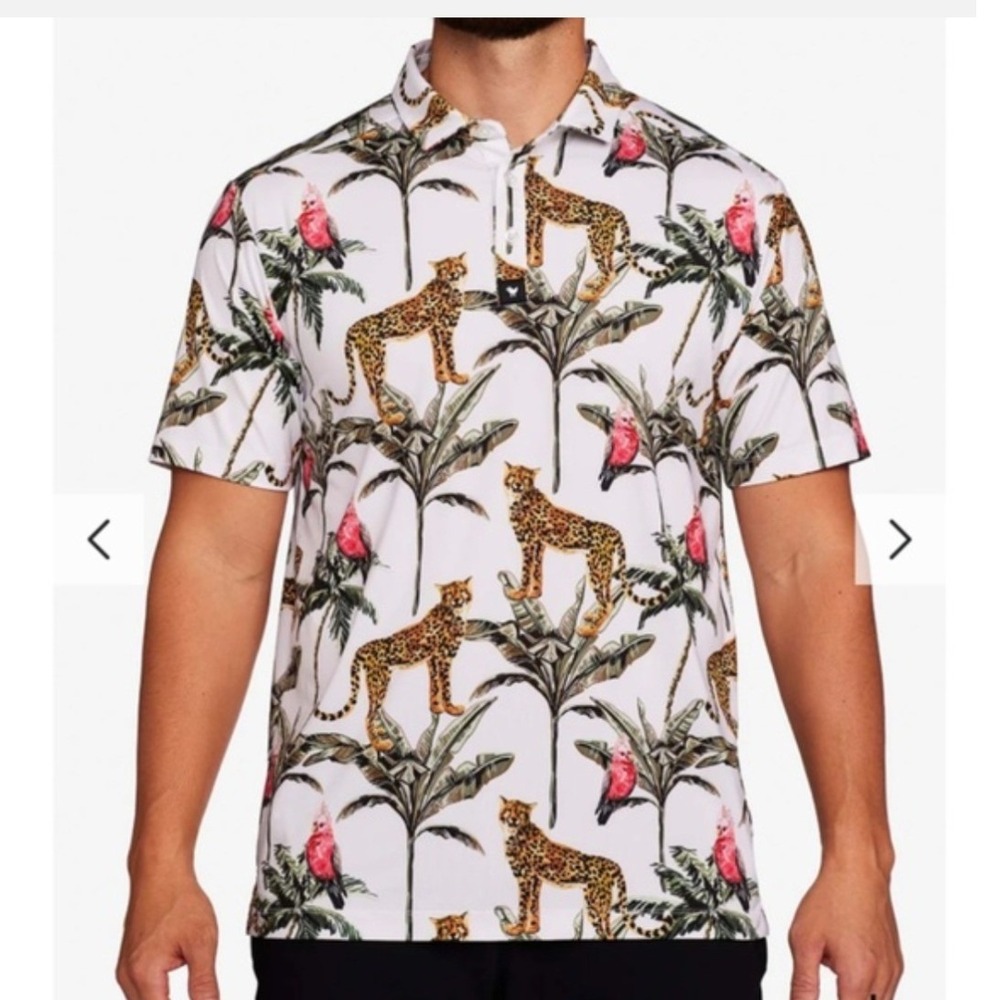 Bad Birdie Leopard Cockatoo Tropical Golf‎ Polo Shirt Mens Large White Multi